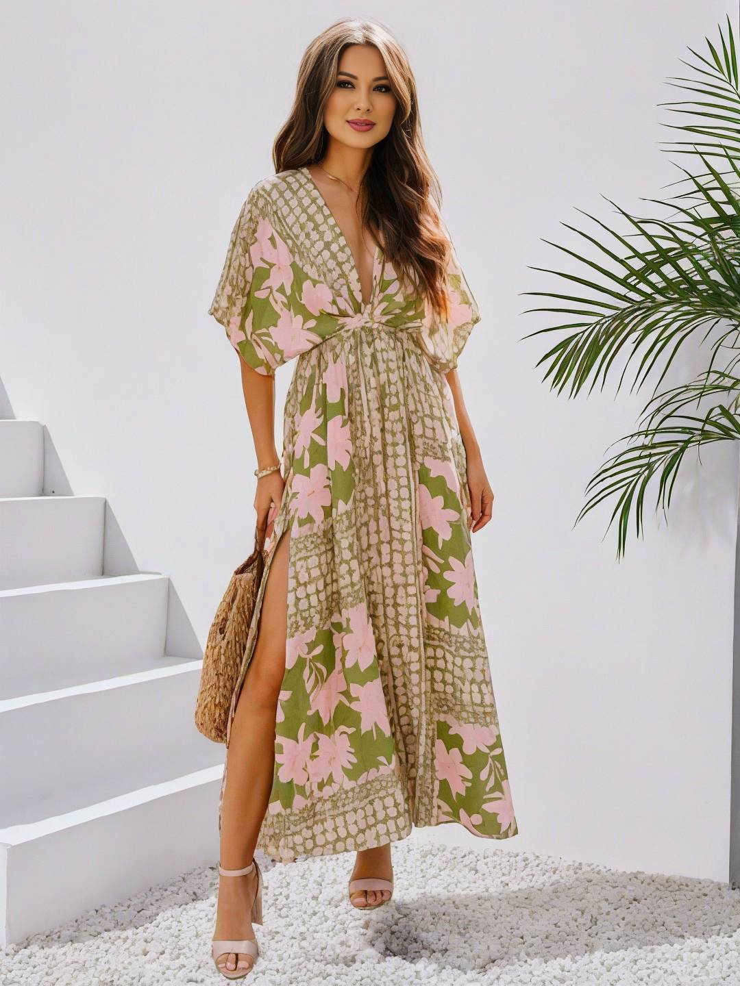 Heidi-Mode | Langes Bohemian Kleid mit Blumenmuster V-Ausschnitt Schlitz Ärmel Bis Zum Ellenbogen Damen Boho Casual Weit Hawaiiansches Strandkleid