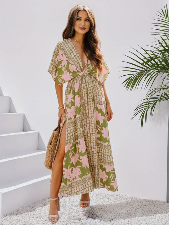 Heidi-Mode | Langes Bohemian Kleid mit Blumenmuster V-Ausschnitt Schlitz Ärmel Bis Zum Ellenbogen Damen Boho Casual Weit Hawaiiansches Strandkleid