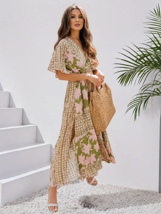 Heidi-Mode | Langes Bohemian Kleid mit Blumenmuster V-Ausschnitt Schlitz Ärmel Bis Zum Ellenbogen Damen Boho Casual Weit Hawaiiansches Strandkleid
