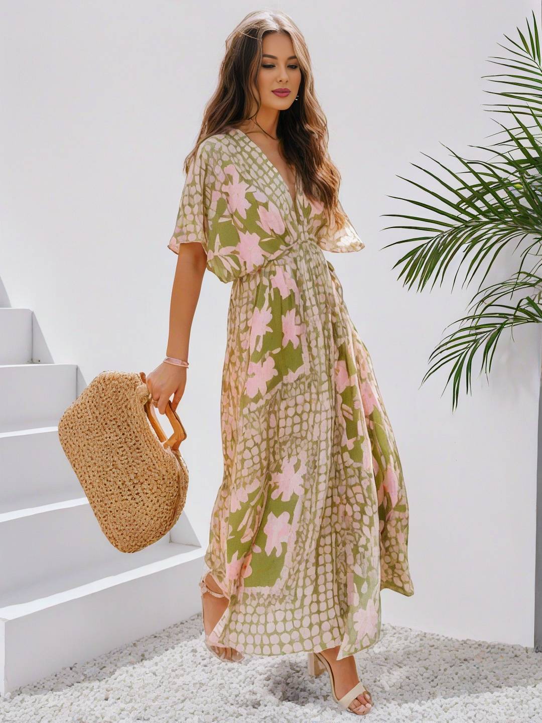 Heidi-Mode | Langes Bohemian Kleid mit Blumenmuster V-Ausschnitt Schlitz Ärmel Bis Zum Ellenbogen Damen Boho Casual Weit Hawaiiansches Strandkleid
