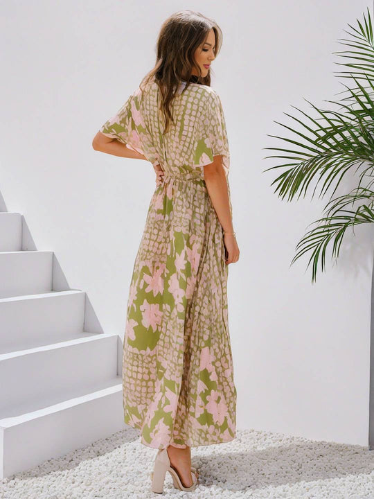 Heidi-Mode | Langes Bohemian Kleid mit Blumenmuster V-Ausschnitt Schlitz Ärmel Bis Zum Ellenbogen Damen Boho Casual Weit Hawaiiansches Strandkleid