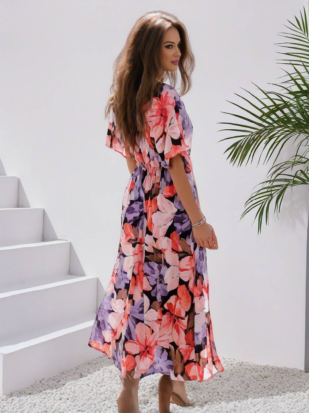 Heidi-Mode | Langes Bohemian Kleid mit Blumenmuster V-Ausschnitt Schlitz Ärmel Bis Zum Ellenbogen Damen Boho Casual Weit Hawaiiansches Strandkleid