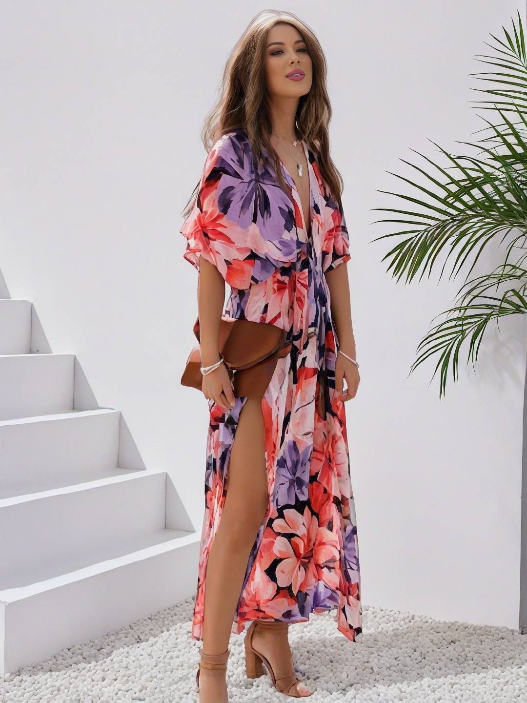 Heidi-Mode | Langes Bohemian Kleid mit Blumenmuster V-Ausschnitt Schlitz Ärmel Bis Zum Ellenbogen Damen Boho Casual Weit Hawaiiansches Strandkleid