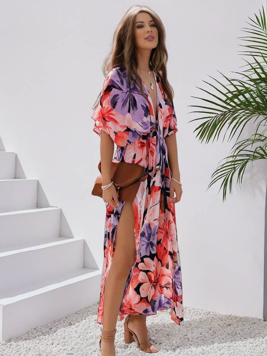 Heidi-Mode | Langes Bohemian Kleid mit Blumenmuster V-Ausschnitt Schlitz Ärmel Bis Zum Ellenbogen Damen Boho Casual Weit Hawaiiansches Strandkleid
