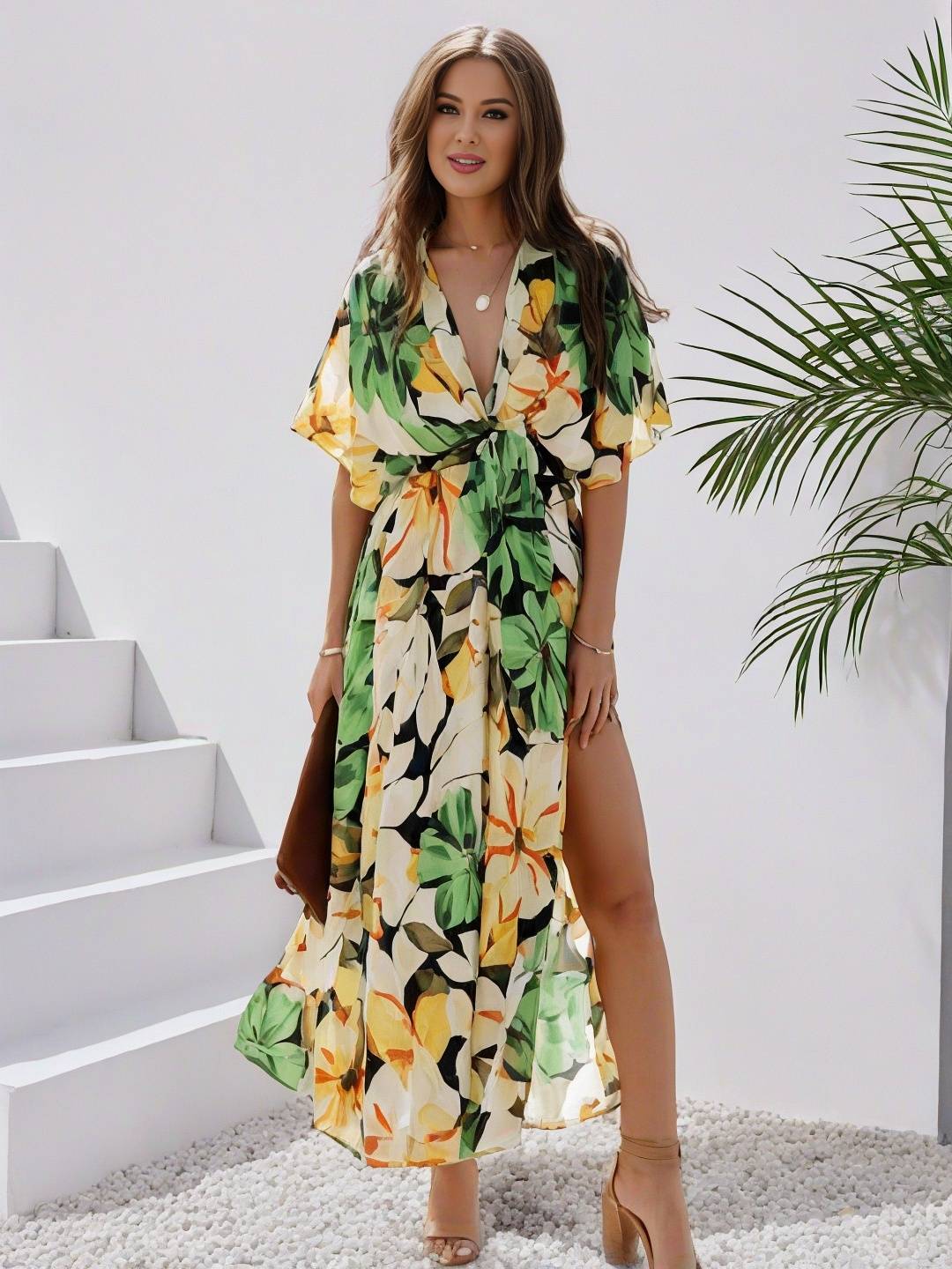 Heidi-Mode | Langes Bohemian Kleid mit Blumenmuster V-Ausschnitt Schlitz Ärmel Bis Zum Ellenbogen Damen Boho Casual Weit Hawaiiansches Strandkleid