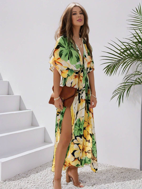 Heidi-Mode | Langes Bohemian Kleid mit Blumenmuster V-Ausschnitt Schlitz Ärmel Bis Zum Ellenbogen Damen Boho Casual Weit Hawaiiansches Strandkleid