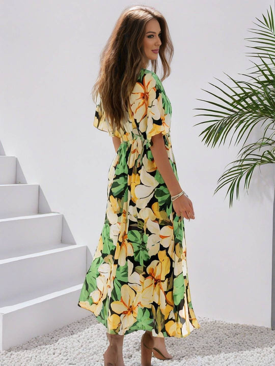 Heidi-Mode | Langes Bohemian Kleid mit Blumenmuster V-Ausschnitt Schlitz Ärmel Bis Zum Ellenbogen Damen Boho Casual Weit Hawaiiansches Strandkleid
