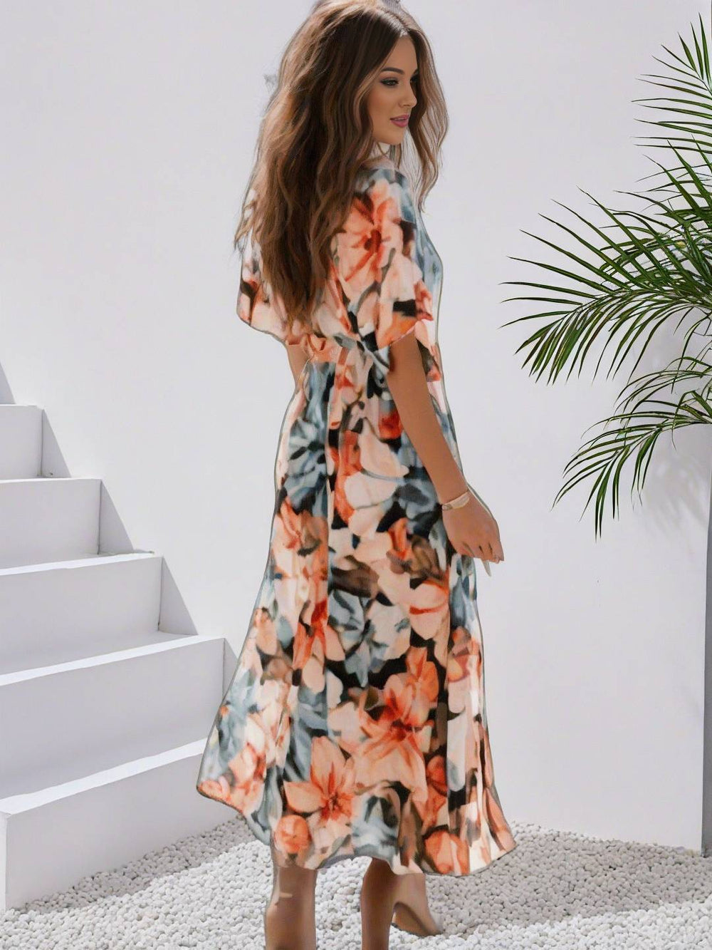 Heidi-Mode | Langes Bohemian Kleid mit Blumenmuster V-Ausschnitt Schlitz Ärmel Bis Zum Ellenbogen Damen Boho Casual Weit Hawaiiansches Strandkleid