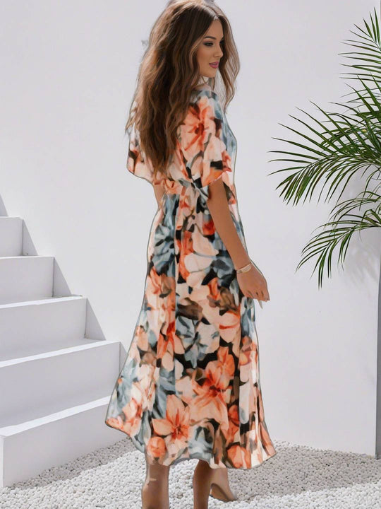 Heidi-Mode | Langes Bohemian Kleid mit Blumenmuster V-Ausschnitt Schlitz Ärmel Bis Zum Ellenbogen Damen Boho Casual Weit Hawaiiansches Strandkleid