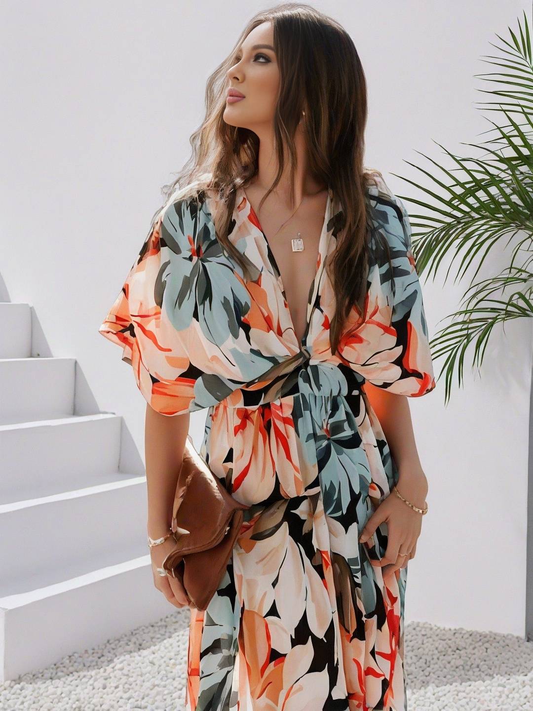 Heidi-Mode | Langes Bohemian Kleid mit Blumenmuster V-Ausschnitt Schlitz Ärmel Bis Zum Ellenbogen Damen Boho Casual Weit Hawaiiansches Strandkleid