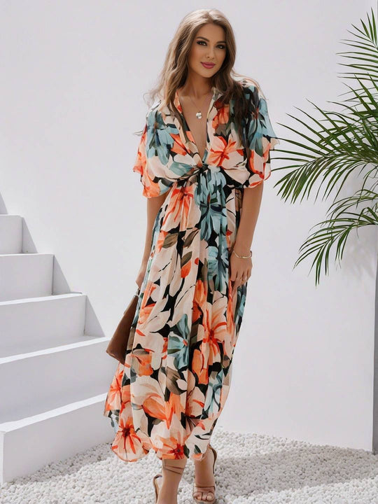 Heidi-Mode | Langes Bohemian Kleid mit Blumenmuster V-Ausschnitt Schlitz Ärmel Bis Zum Ellenbogen Damen Boho Casual Weit Hawaiiansches Strandkleid