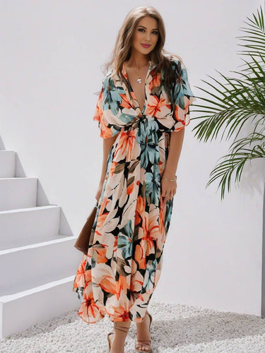 Heidi-Mode | Langes Bohemian Kleid mit Blumenmuster V-Ausschnitt Schlitz Ärmel Bis Zum Ellenbogen Damen Boho Casual Weit Hawaiiansches Strandkleid
