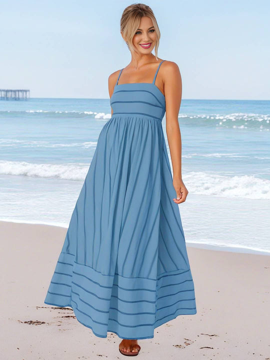 Heidi-Mode | Langes Gestreiftes Kleid mit Feinen Trägern Fließend Rückenfrei Ärmellos Casual Soft Weit Entspannt Damen Strandkleid