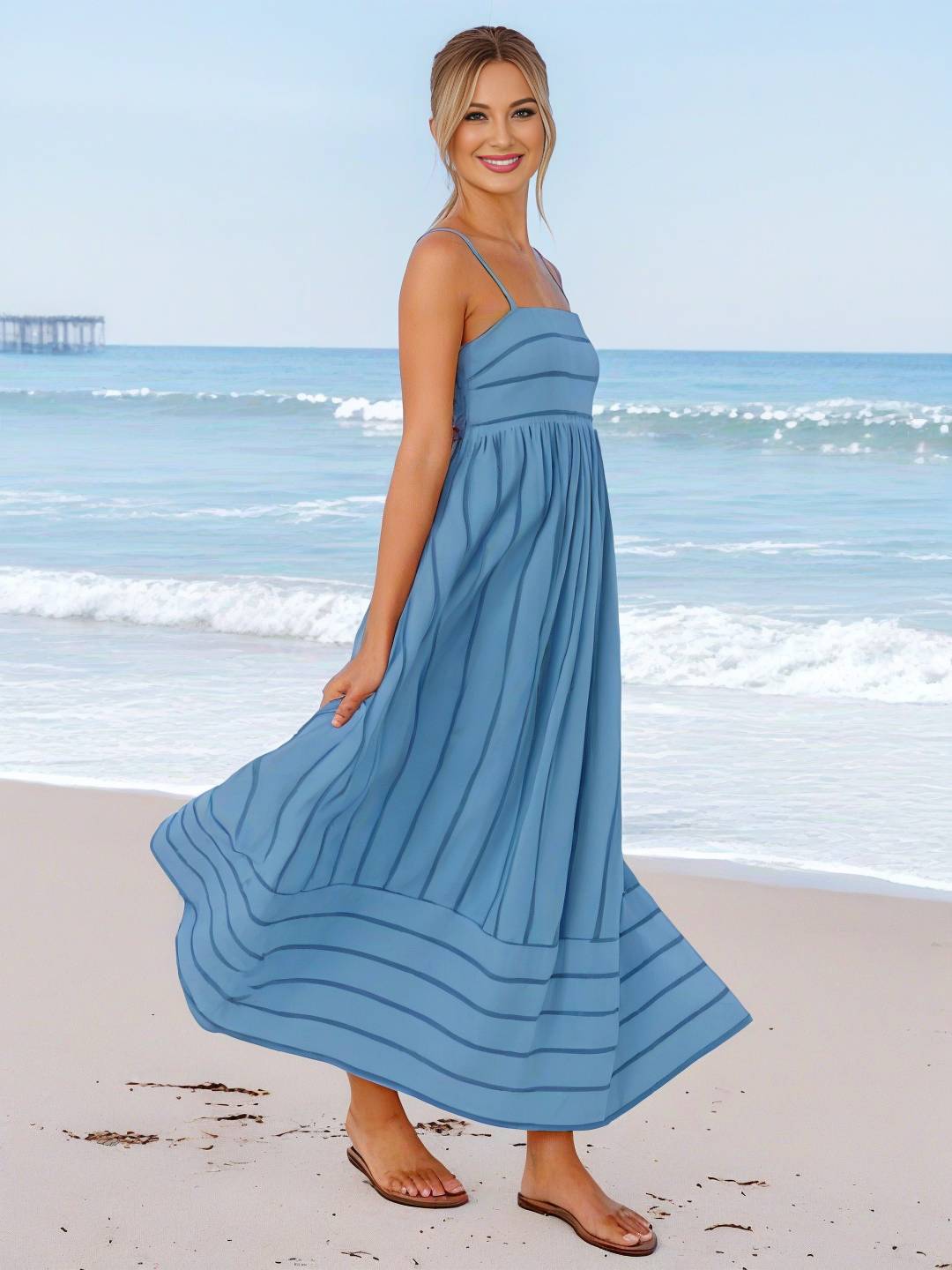 Heidi-Mode | Langes Gestreiftes Kleid mit Feinen Trägern Fließend Rückenfrei Ärmellos Casual Soft Weit Entspannt Damen Strandkleid