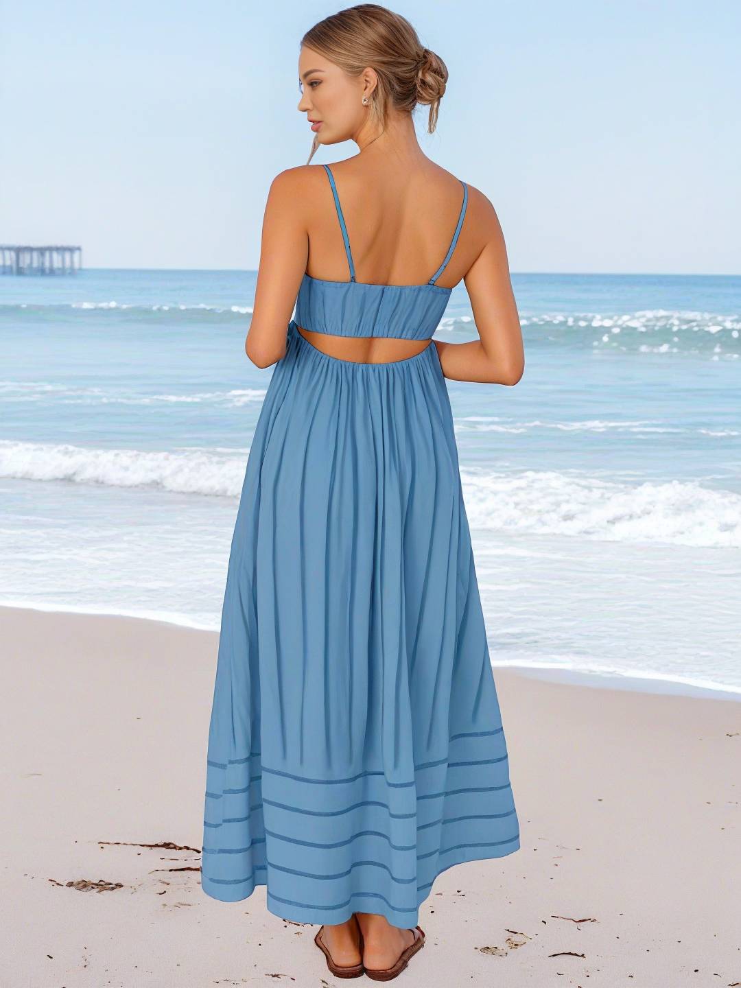 Heidi-Mode | Langes Gestreiftes Kleid mit Feinen Trägern Fließend Rückenfrei Ärmellos Casual Soft Weit Entspannt Damen Strandkleid