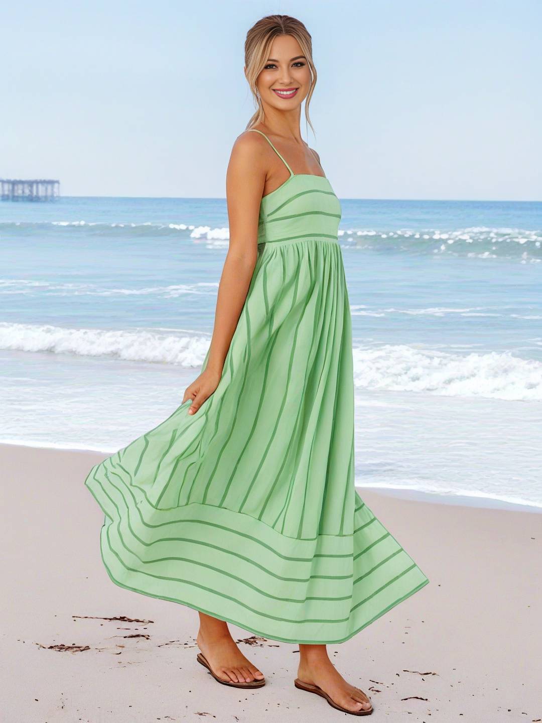 Heidi-Mode | Langes Gestreiftes Kleid mit Feinen Trägern Fließend Rückenfrei Ärmellos Casual Soft Weit Entspannt Damen Strandkleid