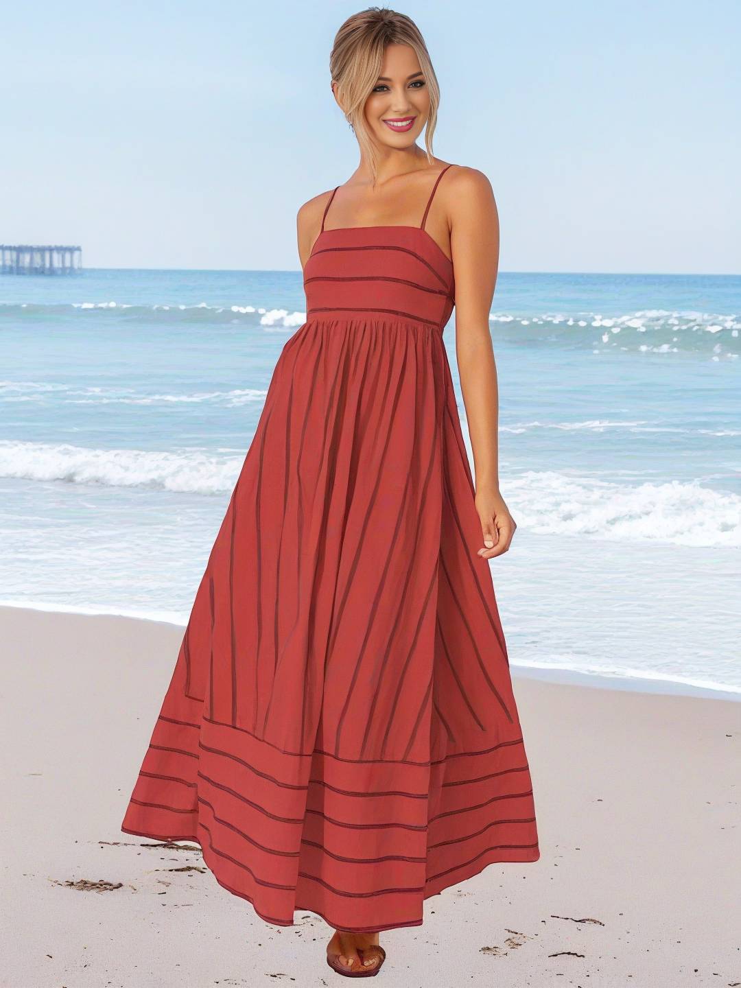 Heidi-Mode | Langes Gestreiftes Kleid mit Feinen Trägern Fließend Rückenfrei Ärmellos Casual Soft Weit Entspannt Damen Strandkleid