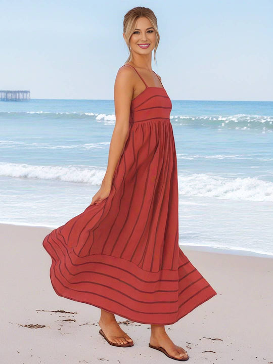 Heidi-Mode | Langes Gestreiftes Kleid mit Feinen Trägern Fließend Rückenfrei Ärmellos Casual Soft Weit Entspannt Damen Strandkleid
