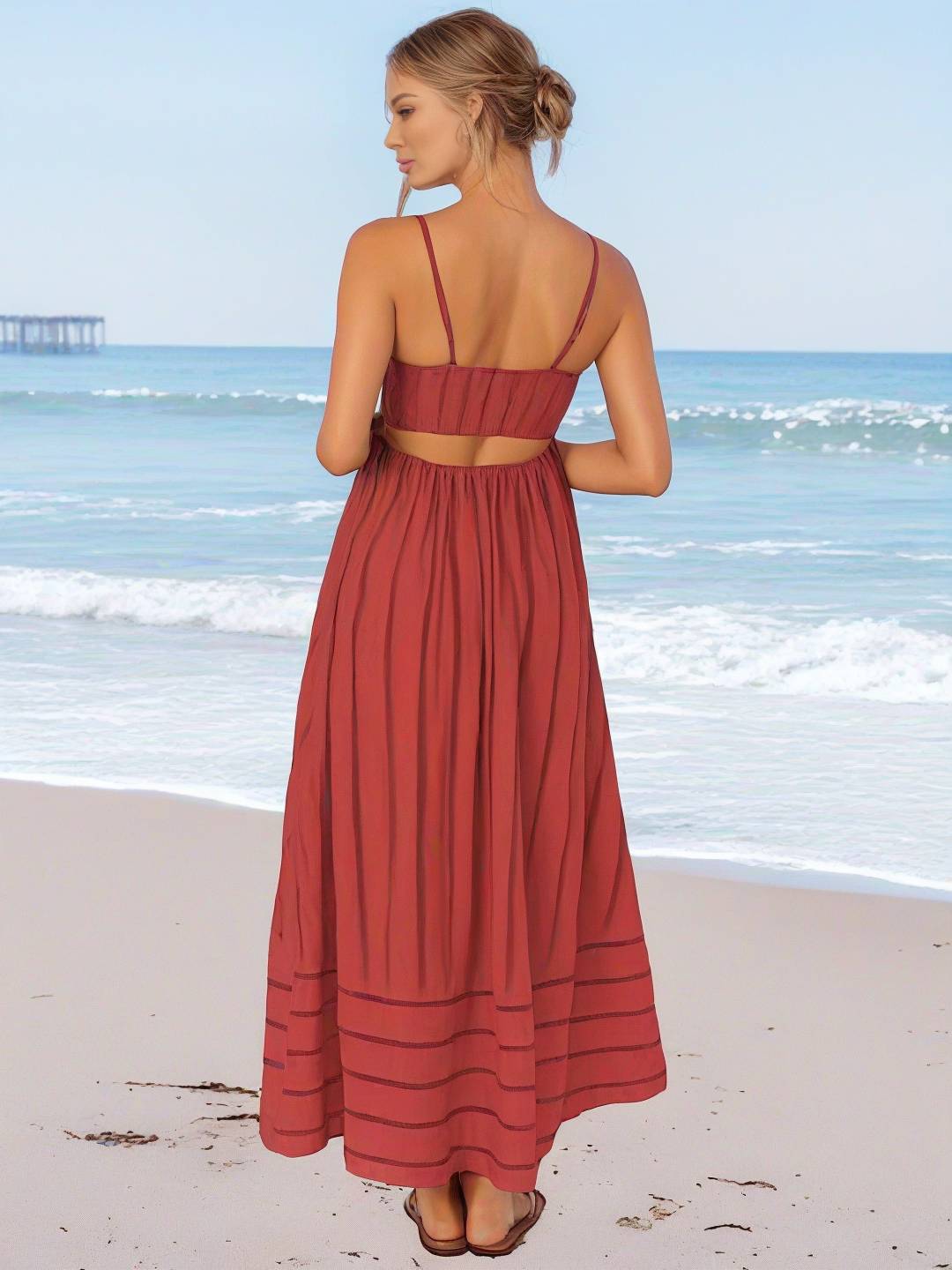Heidi-Mode | Langes Gestreiftes Kleid mit Feinen Trägern Fließend Rückenfrei Ärmellos Casual Soft Weit Entspannt Damen Strandkleid