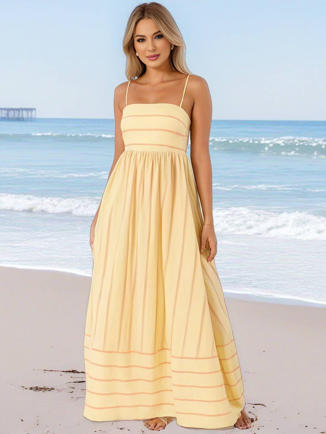 Heidi-Mode | Langes Gestreiftes Kleid mit Feinen Trägern Fließend Rückenfrei Ärmellos Casual Soft Weit Entspannt Damen Strandkleid