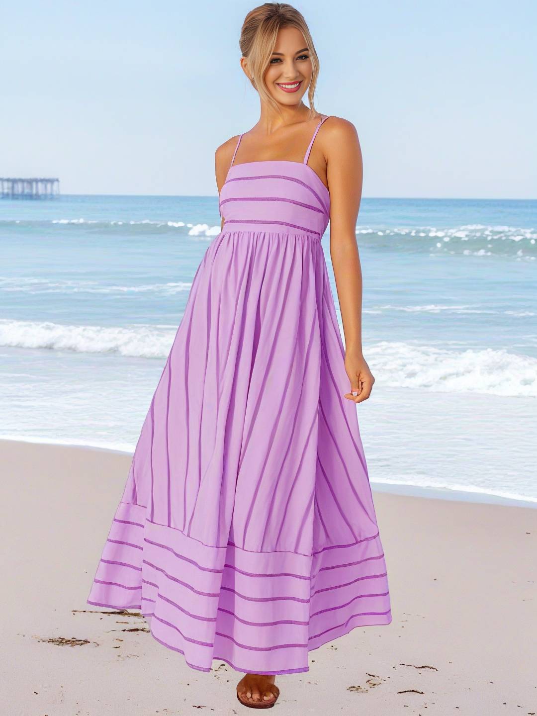 Heidi-Mode | Langes Gestreiftes Kleid mit Feinen Trägern Fließend Rückenfrei Ärmellos Casual Soft Weit Entspannt Damen Strandkleid