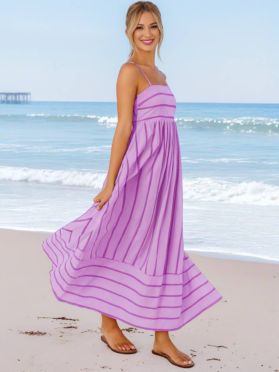 Heidi-Mode | Langes Gestreiftes Kleid mit Feinen Trägern Fließend Rückenfrei Ärmellos Casual Soft Weit Entspannt Damen Strandkleid