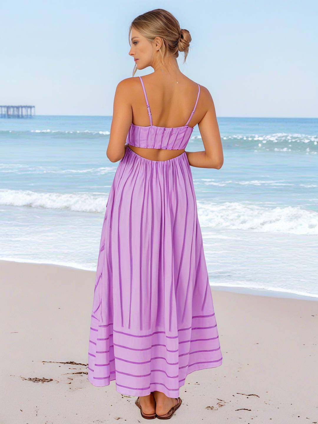 Heidi-Mode | Langes Gestreiftes Kleid mit Feinen Trägern Fließend Rückenfrei Ärmellos Casual Soft Weit Entspannt Damen Strandkleid
