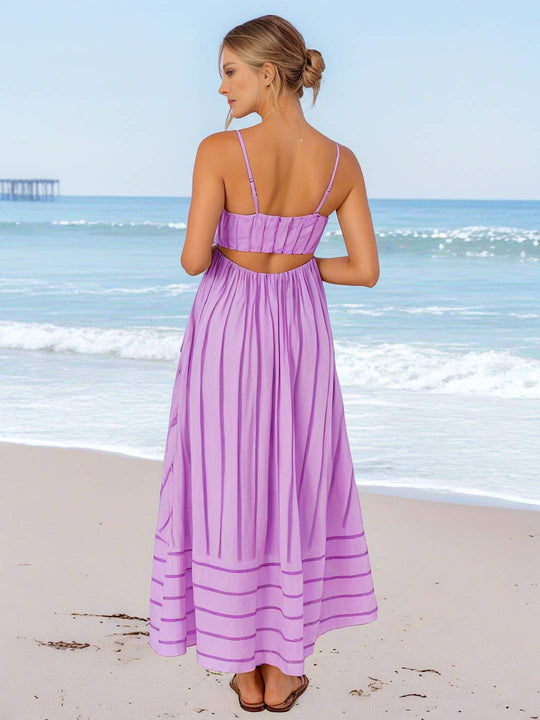Heidi-Mode | Langes Gestreiftes Kleid mit Feinen Trägern Fließend Rückenfrei Ärmellos Casual Soft Weit Entspannt Damen Strandkleid