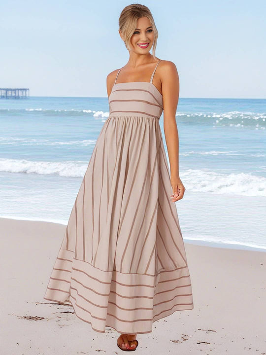 Heidi-Mode | Langes Gestreiftes Kleid mit Feinen Trägern Fließend Rückenfrei Ärmellos Casual Soft Weit Entspannt Damen Strandkleid