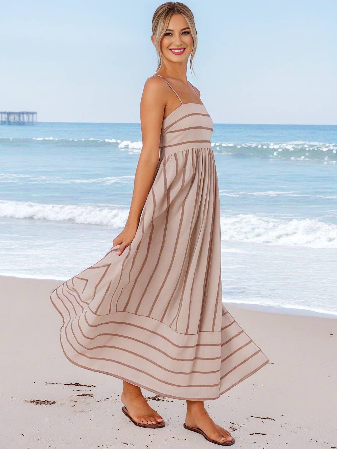 Heidi-Mode | Langes Gestreiftes Kleid mit Feinen Trägern Fließend Rückenfrei Ärmellos Casual Soft Weit Entspannt Damen Strandkleid