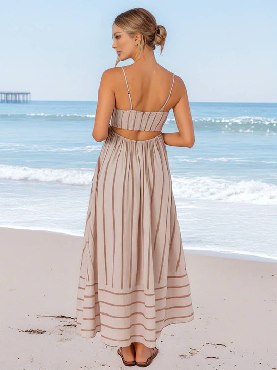 Heidi-Mode | Langes Gestreiftes Kleid mit Feinen Trägern Fließend Rückenfrei Ärmellos Casual Soft Weit Entspannt Damen Strandkleid