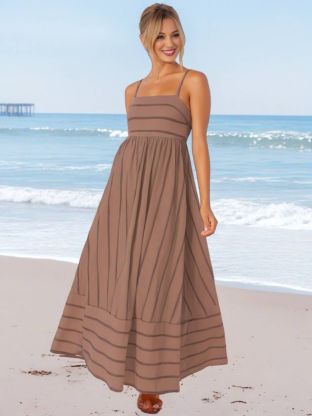 Heidi-Mode | Langes Gestreiftes Kleid mit Feinen Trägern Fließend Rückenfrei Ärmellos Casual Soft Weit Entspannt Damen Strandkleid