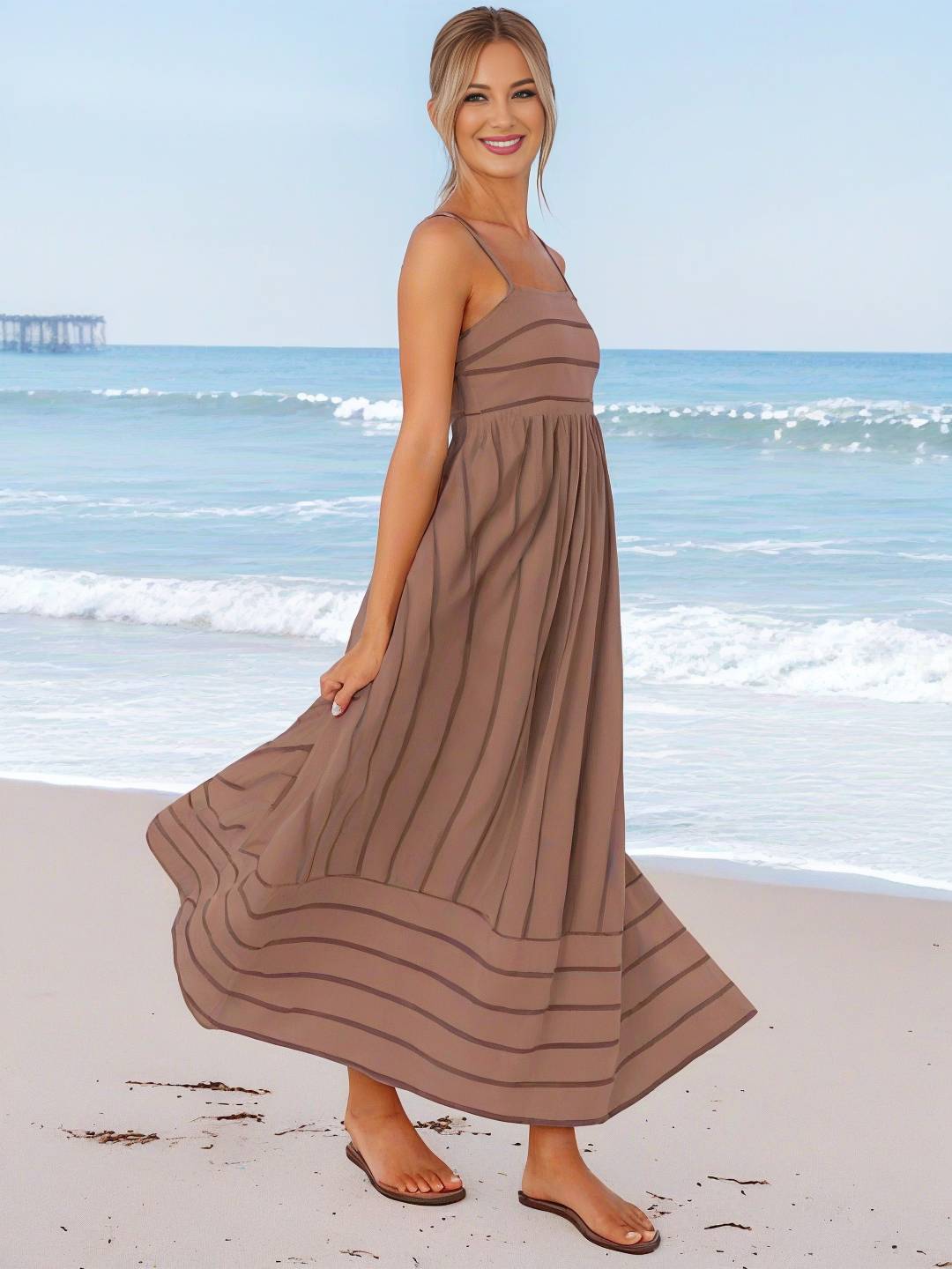 Heidi-Mode | Langes Gestreiftes Kleid mit Feinen Trägern Fließend Rückenfrei Ärmellos Casual Soft Weit Entspannt Damen Strandkleid