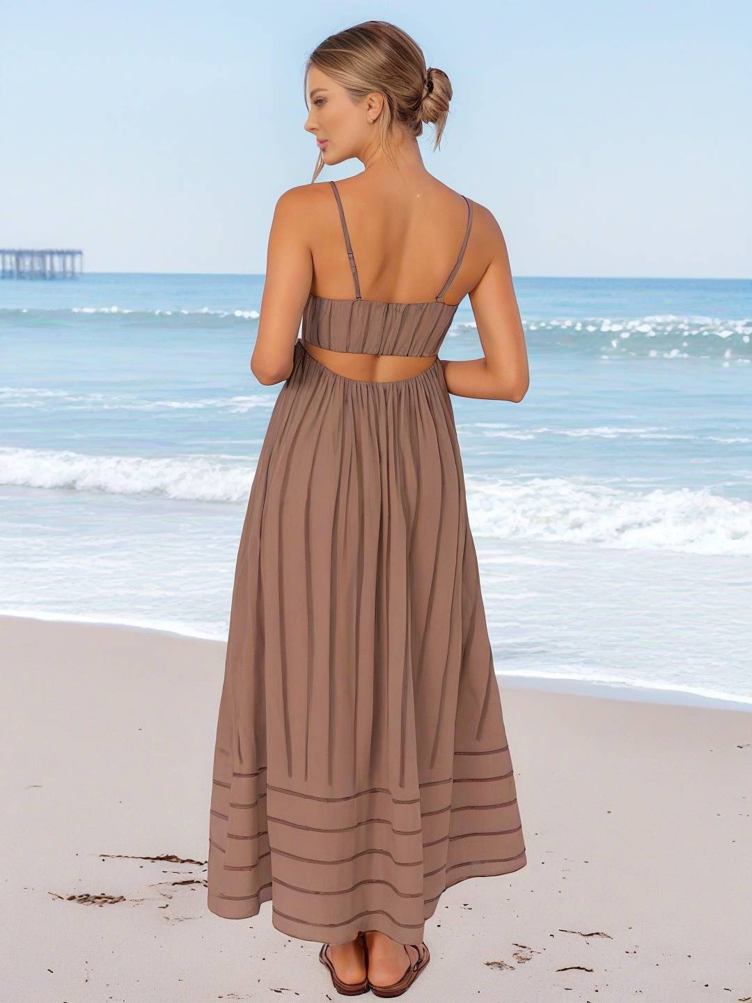 Heidi-Mode | Langes Gestreiftes Kleid mit Feinen Trägern Fließend Rückenfrei Ärmellos Casual Soft Weit Entspannt Damen Strandkleid