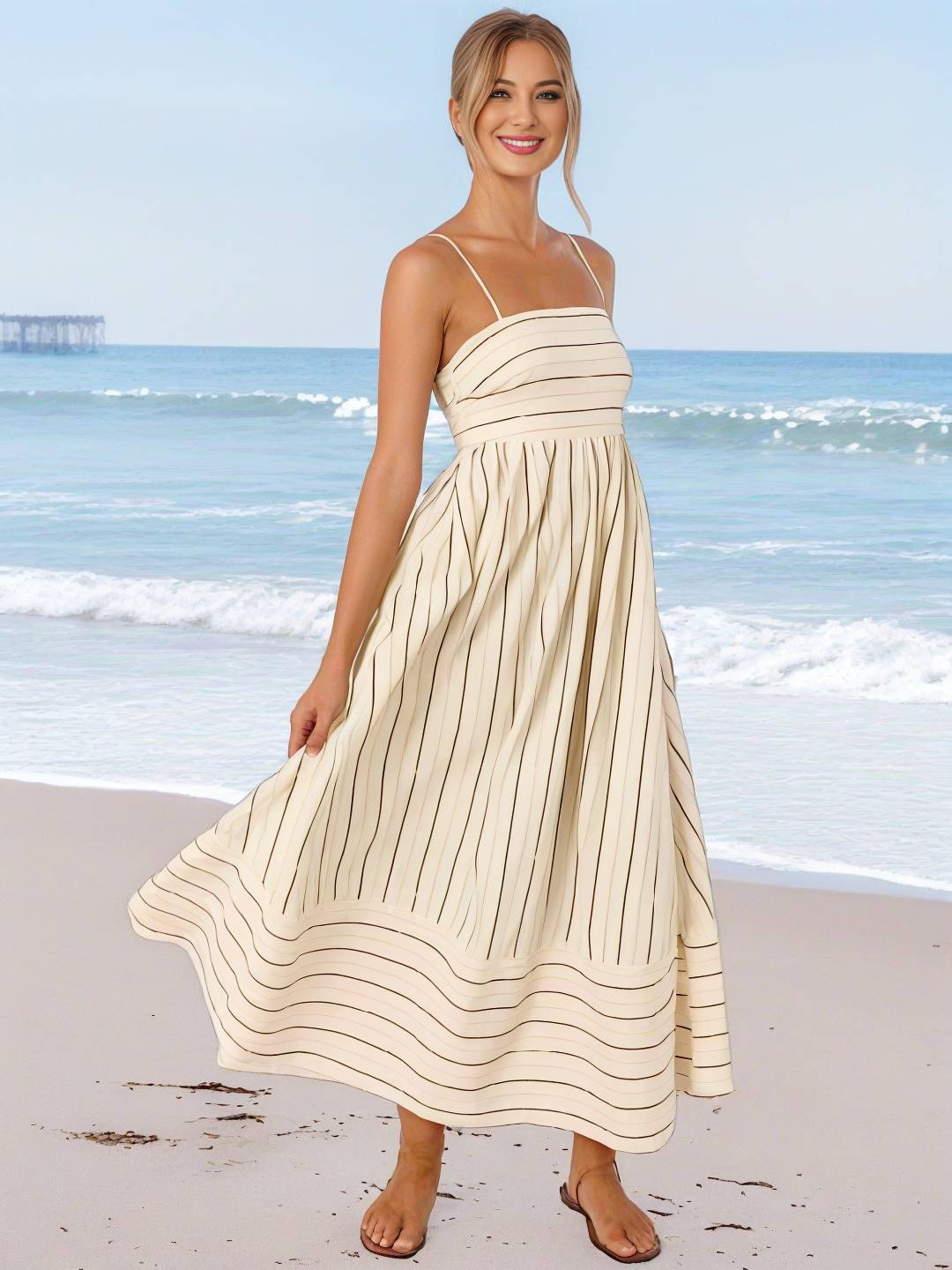 Heidi-Mode | Langes Gestreiftes Kleid mit Feinen Trägern Fließend Rückenfrei Ärmellos Casual Soft Weit Entspannt Damen Strandkleid