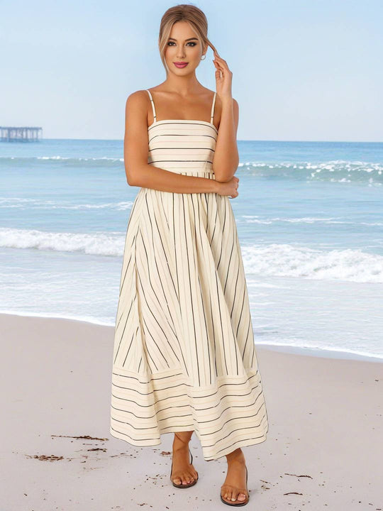 Heidi-Mode | Langes Gestreiftes Kleid mit Feinen Trägern Fließend Rückenfrei Ärmellos Casual Soft Weit Entspannt Damen Strandkleid