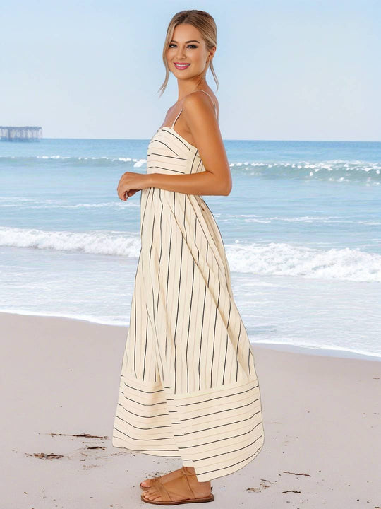 Heidi-Mode | Langes Gestreiftes Kleid mit Feinen Trägern Fließend Rückenfrei Ärmellos Casual Soft Weit Entspannt Damen Strandkleid