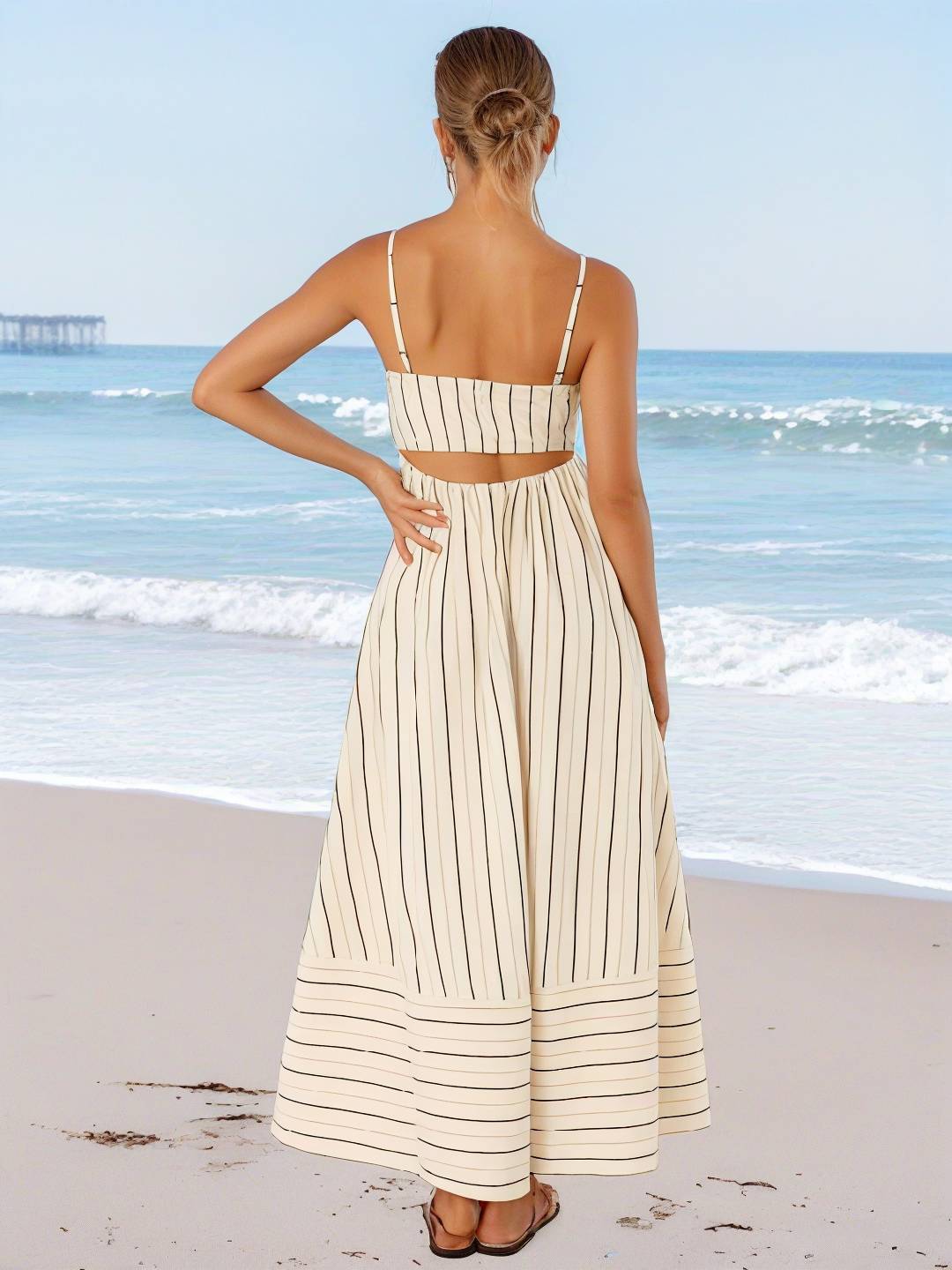 Heidi-Mode | Langes Gestreiftes Kleid mit Feinen Trägern Fließend Rückenfrei Ärmellos Casual Soft Weit Entspannt Damen Strandkleid