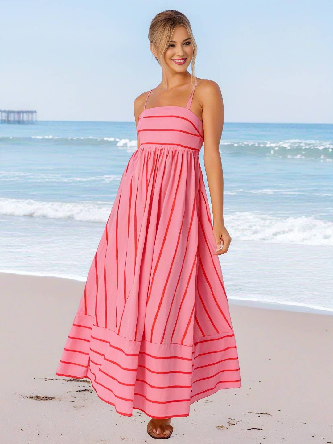 Heidi-Mode | Langes Gestreiftes Kleid mit Feinen Trägern Fließend Rückenfrei Ärmellos Casual Soft Weit Entspannt Damen Strandkleid