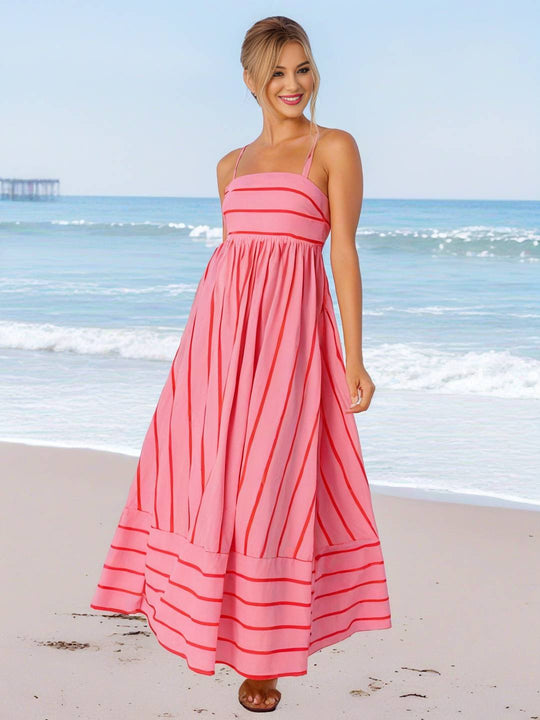 Heidi-Mode | Langes Gestreiftes Kleid mit Feinen Trägern Fließend Rückenfrei Ärmellos Casual Soft Weit Entspannt Damen Strandkleid