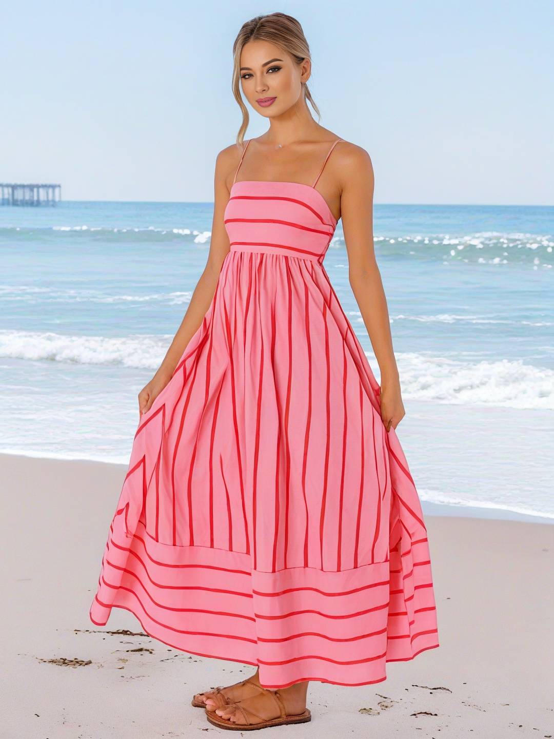 Heidi-Mode | Langes Gestreiftes Kleid mit Feinen Trägern Fließend Rückenfrei Ärmellos Casual Soft Weit Entspannt Damen Strandkleid