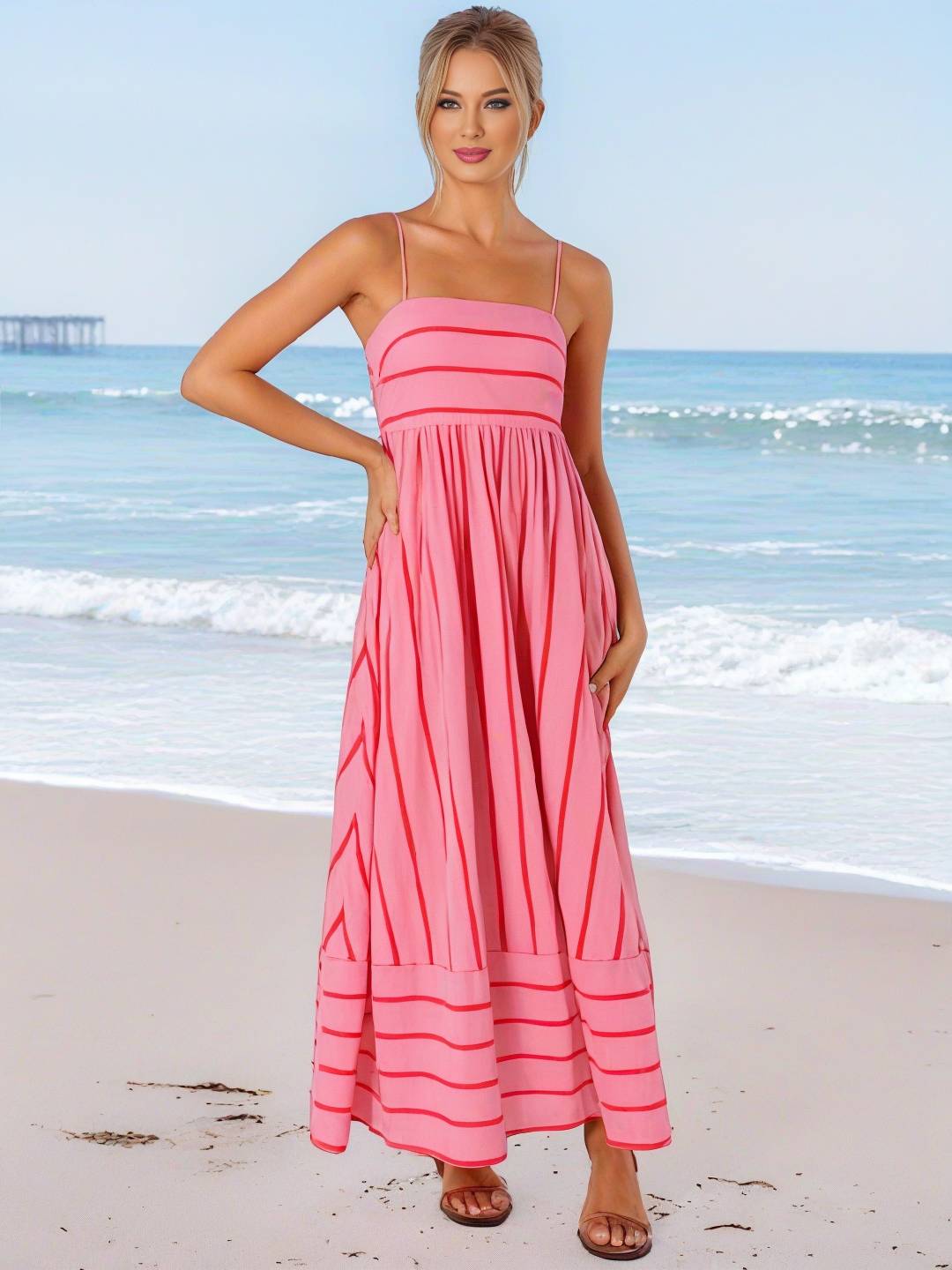 Heidi-Mode | Langes Gestreiftes Kleid mit Feinen Trägern Fließend Rückenfrei Ärmellos Casual Soft Weit Entspannt Damen Strandkleid
