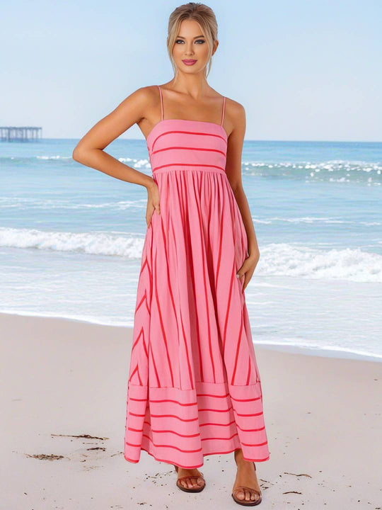 Heidi-Mode | Langes Gestreiftes Kleid mit Feinen Trägern Fließend Rückenfrei Ärmellos Casual Soft Weit Entspannt Damen Strandkleid