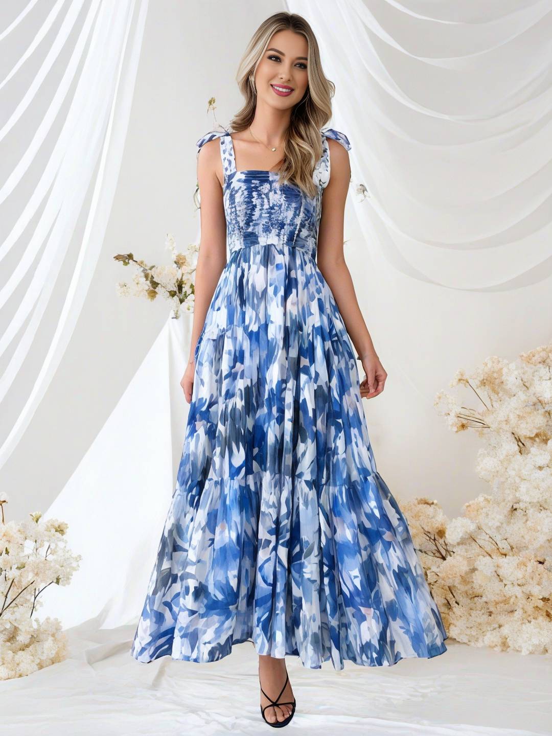 Heidi-Mode | Bohemian Kleid Länger Blumen Druck Fließend Rüsche Schleife mit Dünnen Trägern Lässig Weich Entspannt Damen Strandkleid