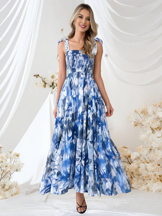 Heidi-Mode | Bohemian Kleid Länger Blumen Druck Fließend Rüsche Schleife mit Dünnen Trägern Lässig Weich Entspannt Damen Strandkleid