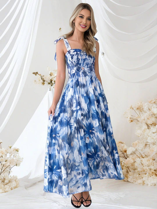 Heidi-Mode | Bohemian Kleid Länger Blumen Druck Fließend Rüsche Schleife mit Dünnen Trägern Lässig Weich Entspannt Damen Strandkleid