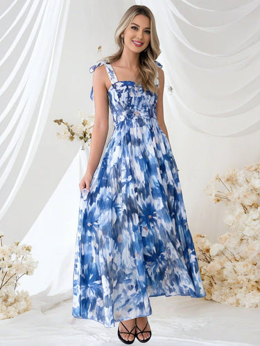 Heidi-Mode | Bohemian Kleid Länger Blumen Druck Fließend Rüsche Schleife mit Dünnen Trägern Lässig Weich Entspannt Damen Strandkleid