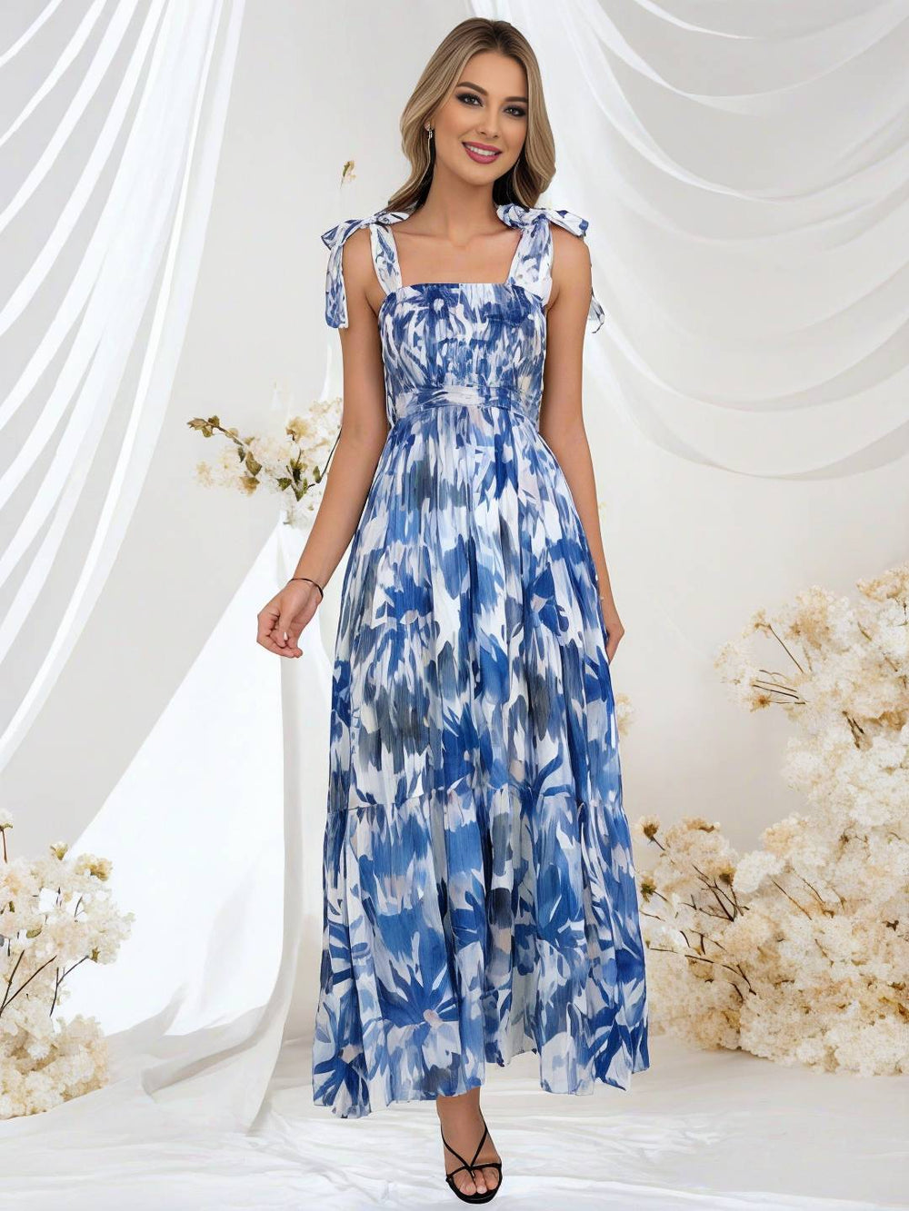 Heidi-Mode | Bohemian Kleid Länger Blumen Druck Fließend Rüsche Schleife mit Dünnen Trägern Lässig Weich Entspannt Damen Strandkleid