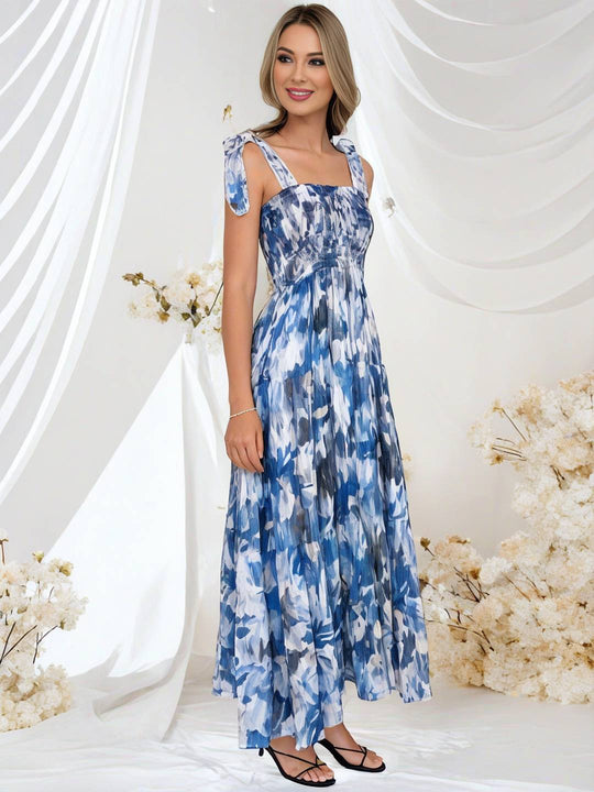 Heidi-Mode | Bohemian Kleid Länger Blumen Druck Fließend Rüsche Schleife mit Dünnen Trägern Lässig Weich Entspannt Damen Strandkleid