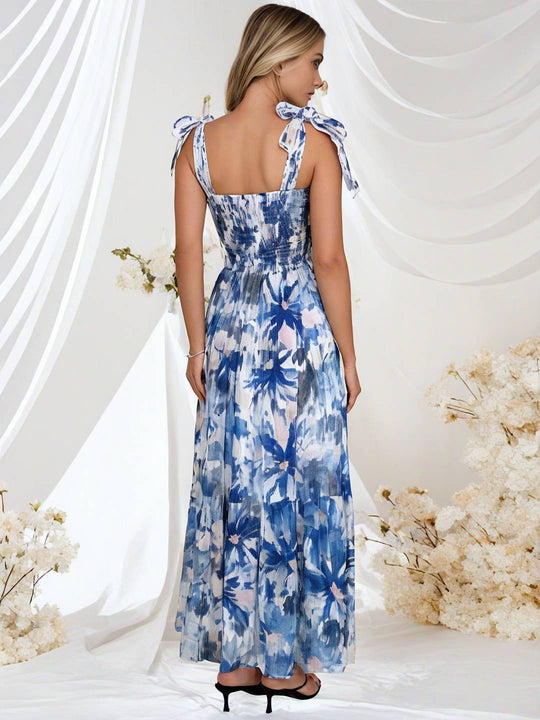 Heidi-Mode | Bohemian Kleid Länger Blumen Druck Fließend Rüsche Schleife mit Dünnen Trägern Lässig Weich Entspannt Damen Strandkleid